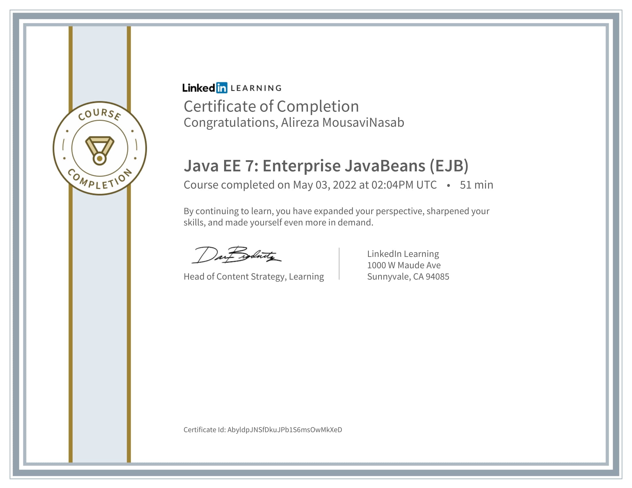 CertificateOfCompletion_Java EE 7 Enterprise JavaBeans EJB